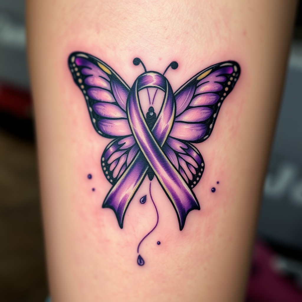 A tattoo design of  crying with the domestic awareness ribbon with a purple butterfly entwined together in the style of traditional. - mental health awareness tattoo design generated by AI tattoo generator
