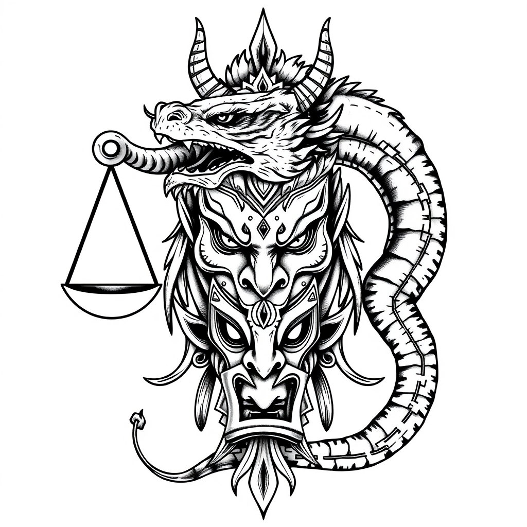 A tattoo design of Libra goddness, dragon head and oni mask in the style of realistic. - mythical creatures tattoo design generated by AI tattoo generator