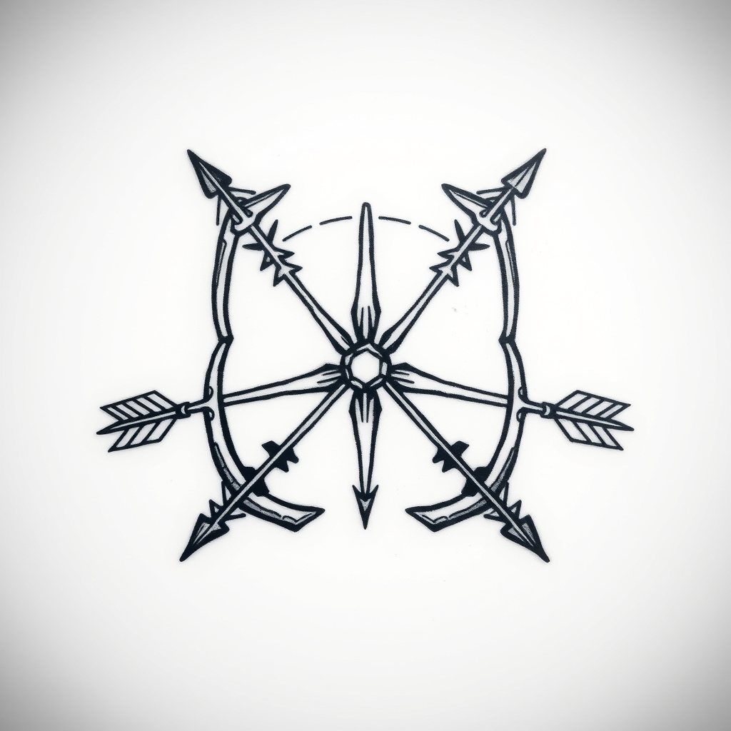 A tattoo design of a triskelion made from three interlocking bows and arrows in the style of geometric. - celtic symbol tattoo design generated by AI tattoo generator
