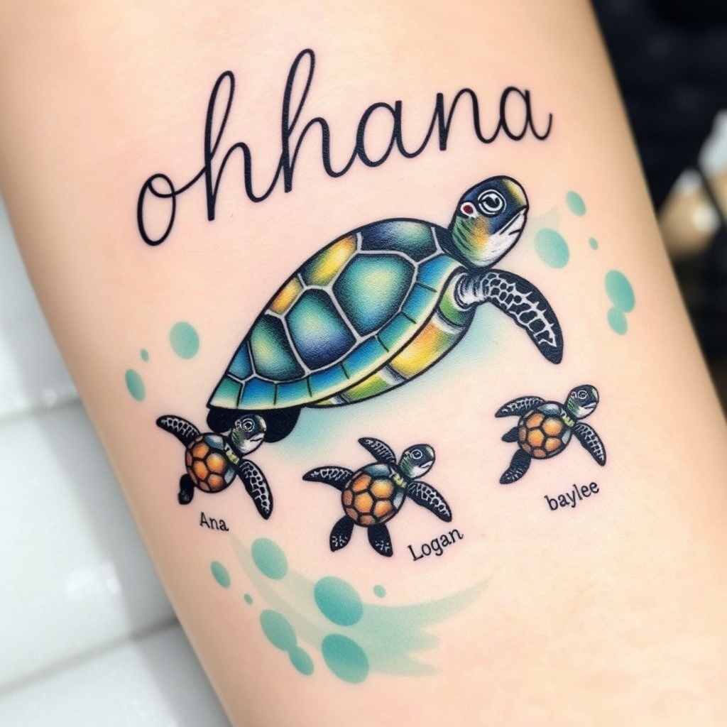 A tattoo design of A momma sea turtle swimming toward the word ohana with 3 baby sea turtles following behind in a stream of water with the names Ana Logan and baylee by the baby sea turtles. The baby sea turtles looking like Finding Nemo sea turtles in the style of watercolor. - sea turtles tattoo design generated by AI tattoo generator