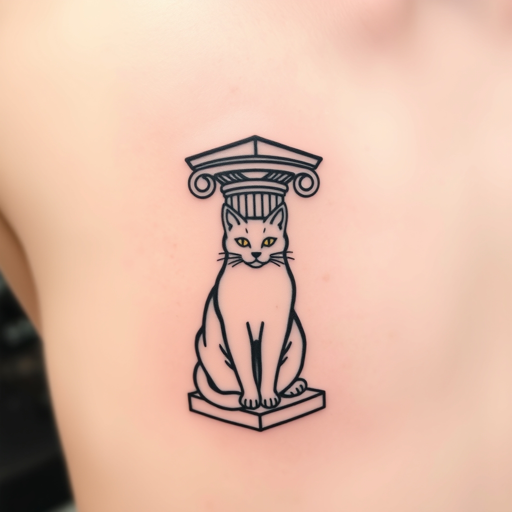 A tattoo design of Greek pillar with a cat  in the style of minimalist. - architecture tattoo design generated by AI tattoo generator
