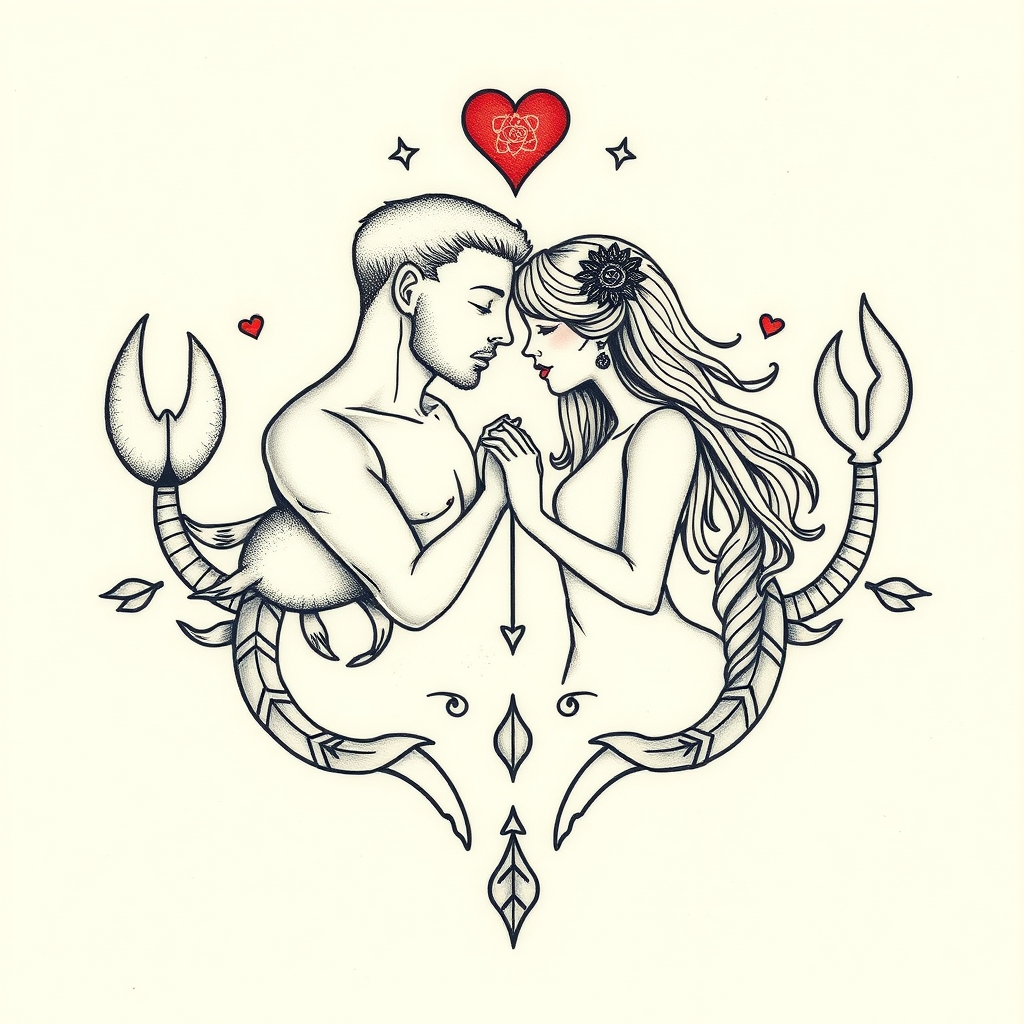 A tattoo design of ♋ cancer man pisces woman love  in the style of traditional. - zodiac signs tattoo design generated by AI tattoo generator
