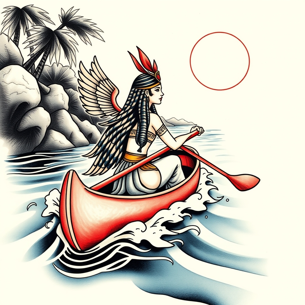 A tattoo design of Goddess isis paddling a canoe down the nile river in the style of japanese. - ancient egyptian mythology tattoo design generated by AI tattoo generator