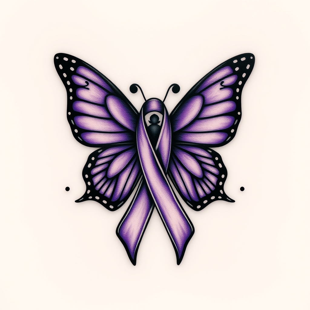 A tattoo design of  crying with the domestic awareness ribbon with a purple butterfly entwined together in the style of traditional. - awareness ribbon tattoo design generated by AI tattoo generator