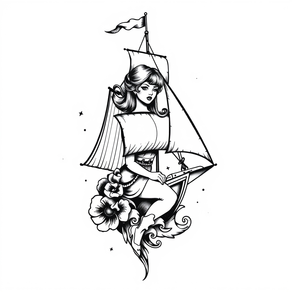A tattoo design of sail ship pinup girl vintage tattoo on white background in the style of blackwork. - pinup girl tattoo design generated by AI tattoo generator