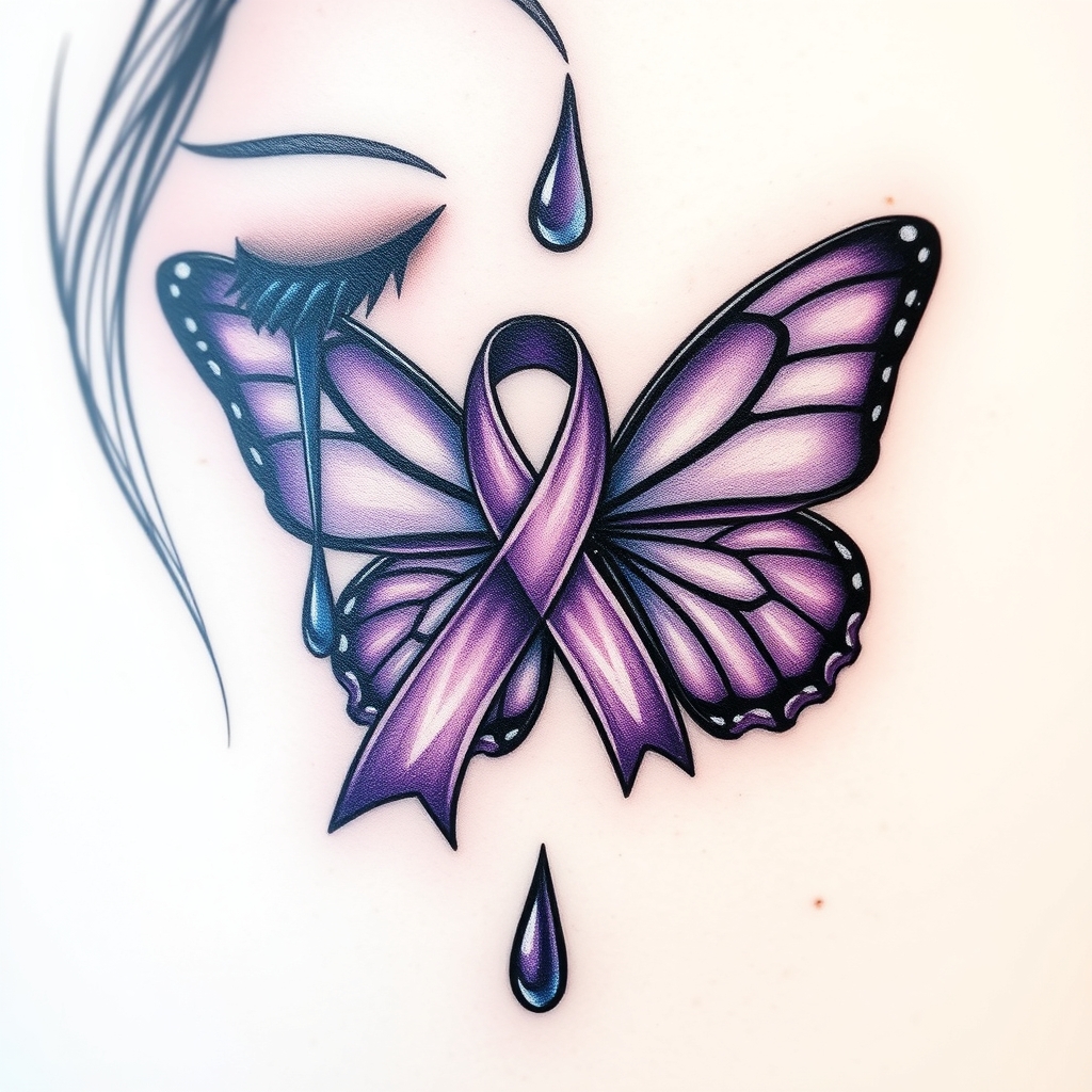 A tattoo design of A tear running down a woman's face with a domestic violence ribbon and a purple butterfly entwined together in the style of realistic. - domestic violence awareness tattoo design generated by AI tattoo generator