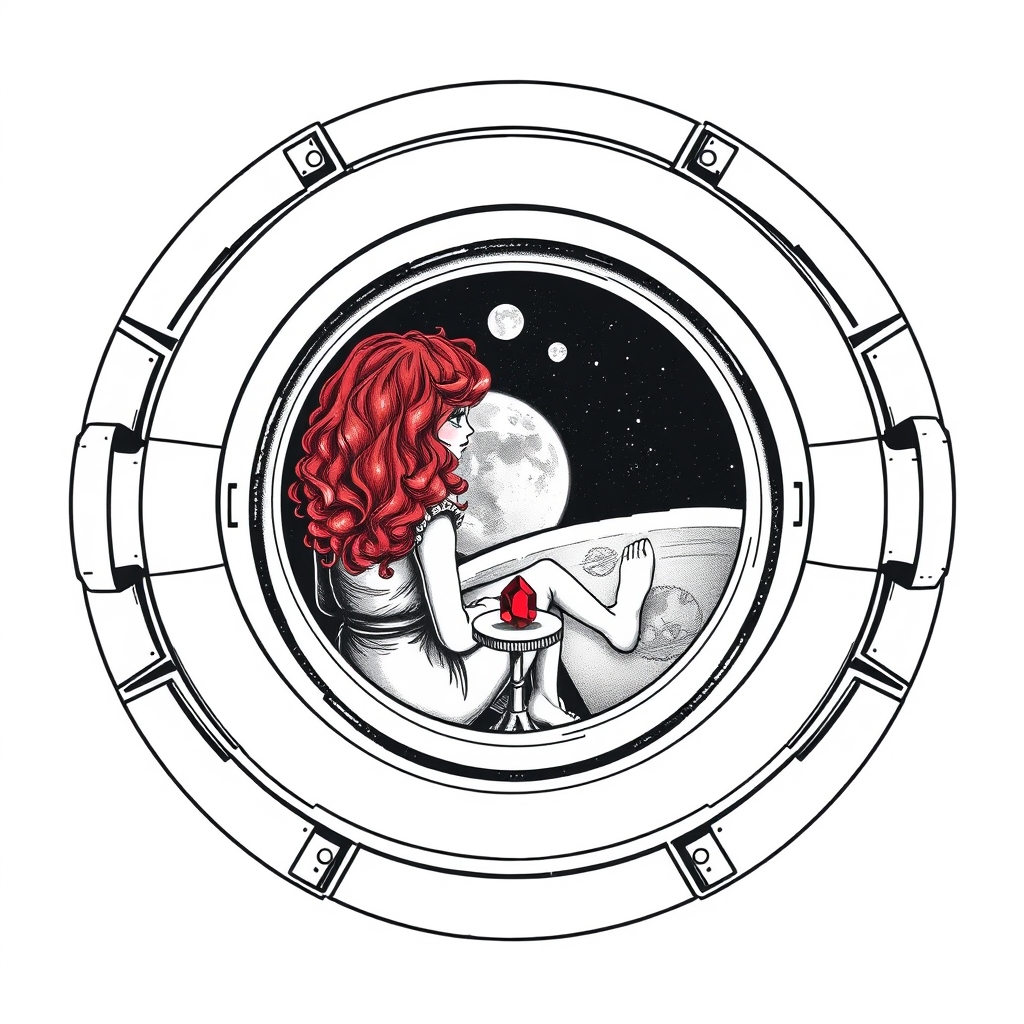 A tattoo design of Black and grey style. Redhead girl with curly hair sitting in a small space capsule alone. Floating through space with nothing to keep her company but a thing red ruby which she keeps on the small table by the porthole window. They are both sitting by the window peering out on an unknown planet. in the style of traditional. - space travel tattoo design generated by AI tattoo generator