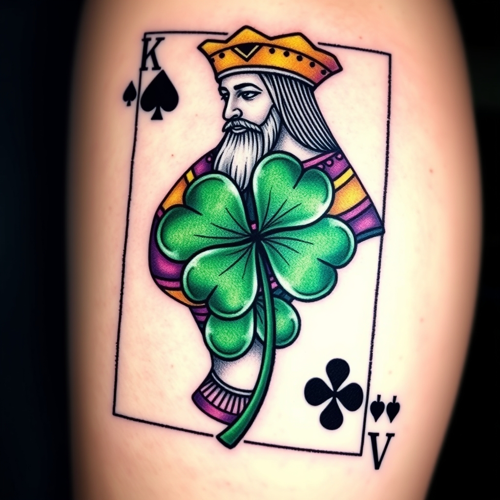 A tattoo design of I would like a 3d photo realistic playing card, the king of 4 leaf clovers, with black, green, and purple ink, maybe some white ink for highlighting. NO red ink. in the style of minimalist. - playing cards tattoo design generated by AI tattoo generator