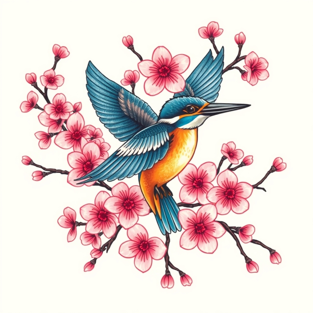 A tattoo design of blue and orange kingfisher in flight surrounded by large quantity of pink cherry blossoms in the style of tribal. - birds and flowers tattoo design generated by AI tattoo generator