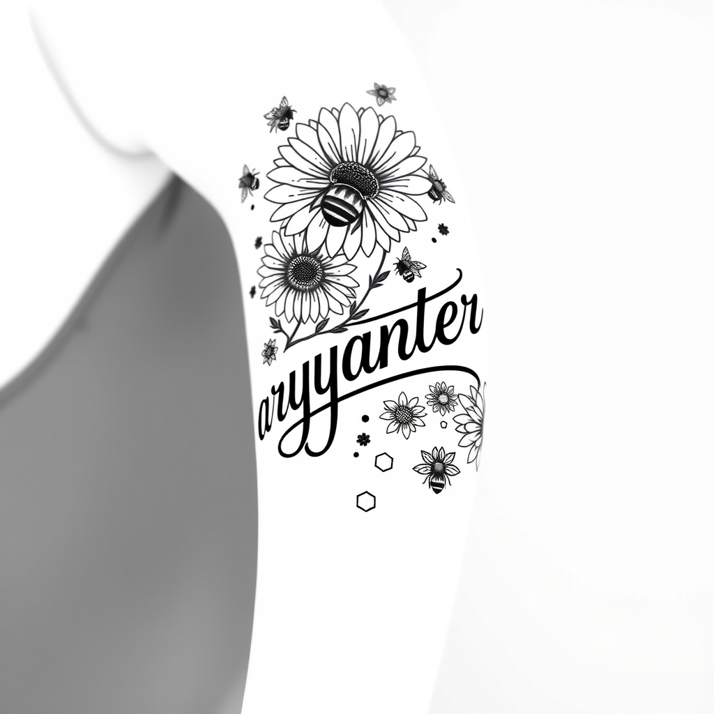 A tattoo design of Black and white from elbow to hand vertical the word Chrysanthemum in cursive, bees, blooming Chrysanthemums flowers, honeycomb in the style of blackwork. - flowers and bees tattoo design generated by AI tattoo generator
