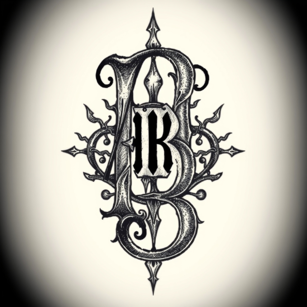 A tattoo design of Initials AB, year 1974,  in the style of surrealistic. - dates and initials tattoo design generated by AI tattoo generator