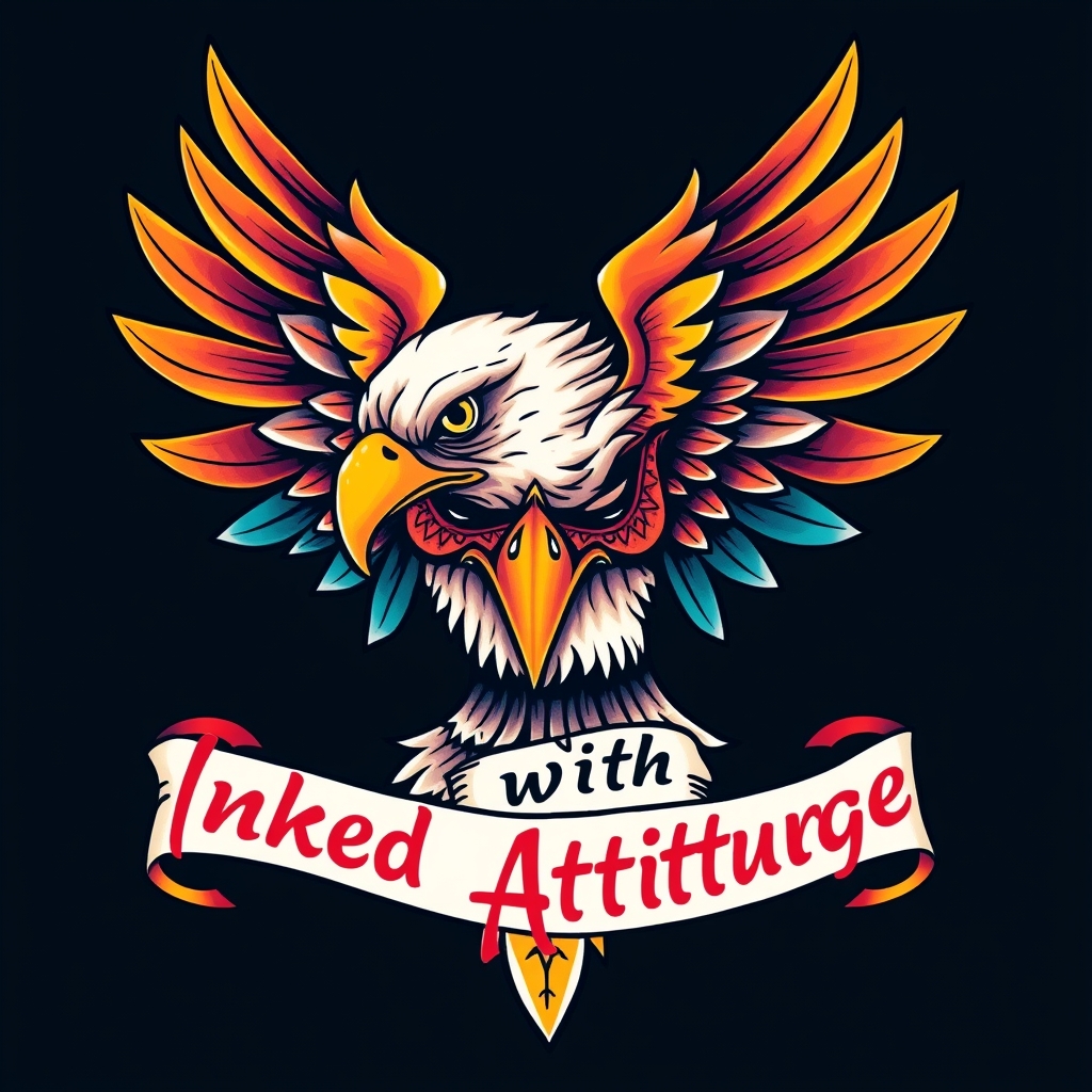A tattoo design of create an image of a wicked colorful eagle with the phrase "Inked with Attitude!" included in a traditional sailor jerry tattoo style in the style of traditional. - animal eagle tattoo design generated by AI tattoo generator