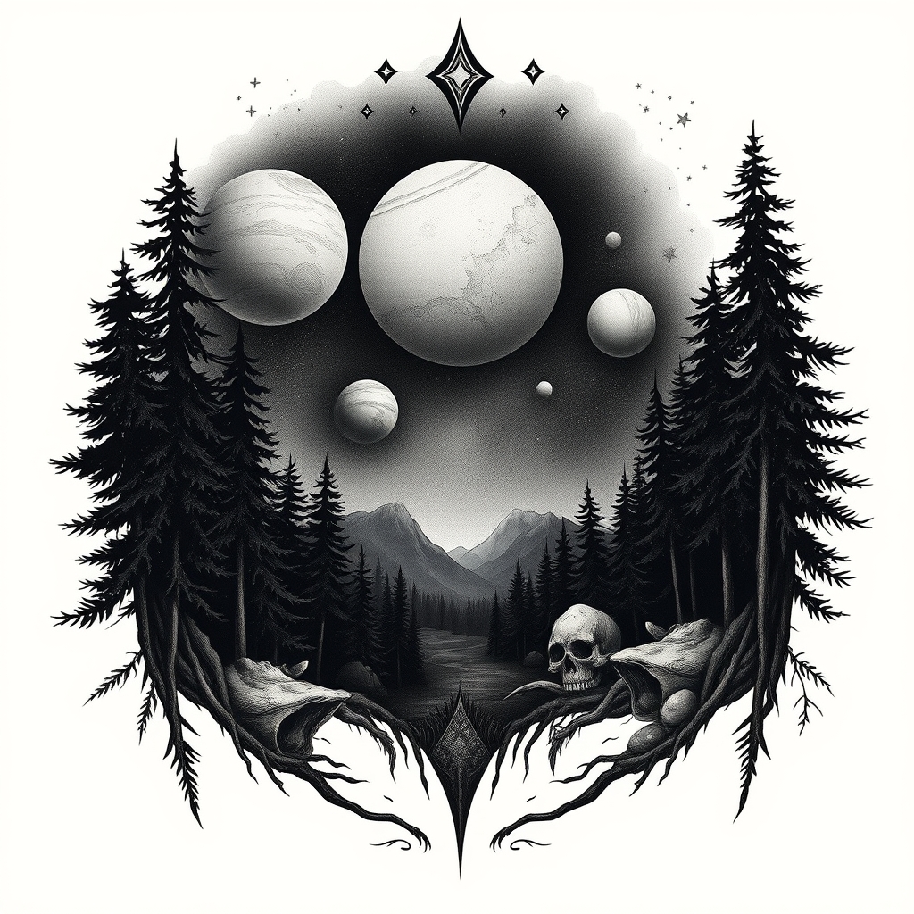 A tattoo design of Dark Forest and planets in the style of realistic. - space fantasy tattoo design generated by AI tattoo generator