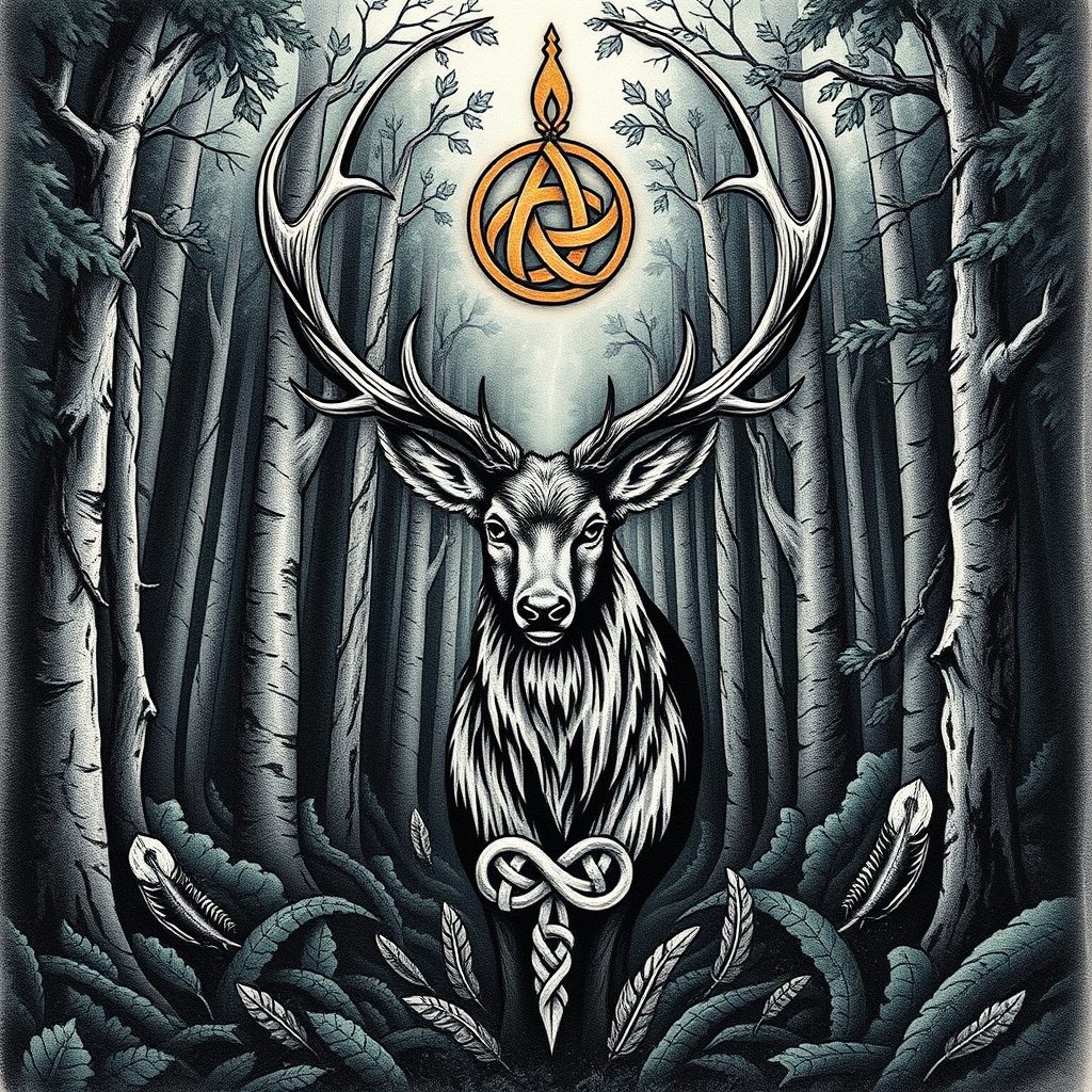A tattoo design of A majestic Stag in a dense, lush forest with Celtic symbolism - Triskeles, tiple celtic knots. There is also some smaller details e.g. thorny branches, fallen feathers. looking to symbolise growth, and strength following periods of shame, regret and a mental health issues following a difficult time in my life in the style of abstract. - celtic wildlife tattoo design generated by AI tattoo generator