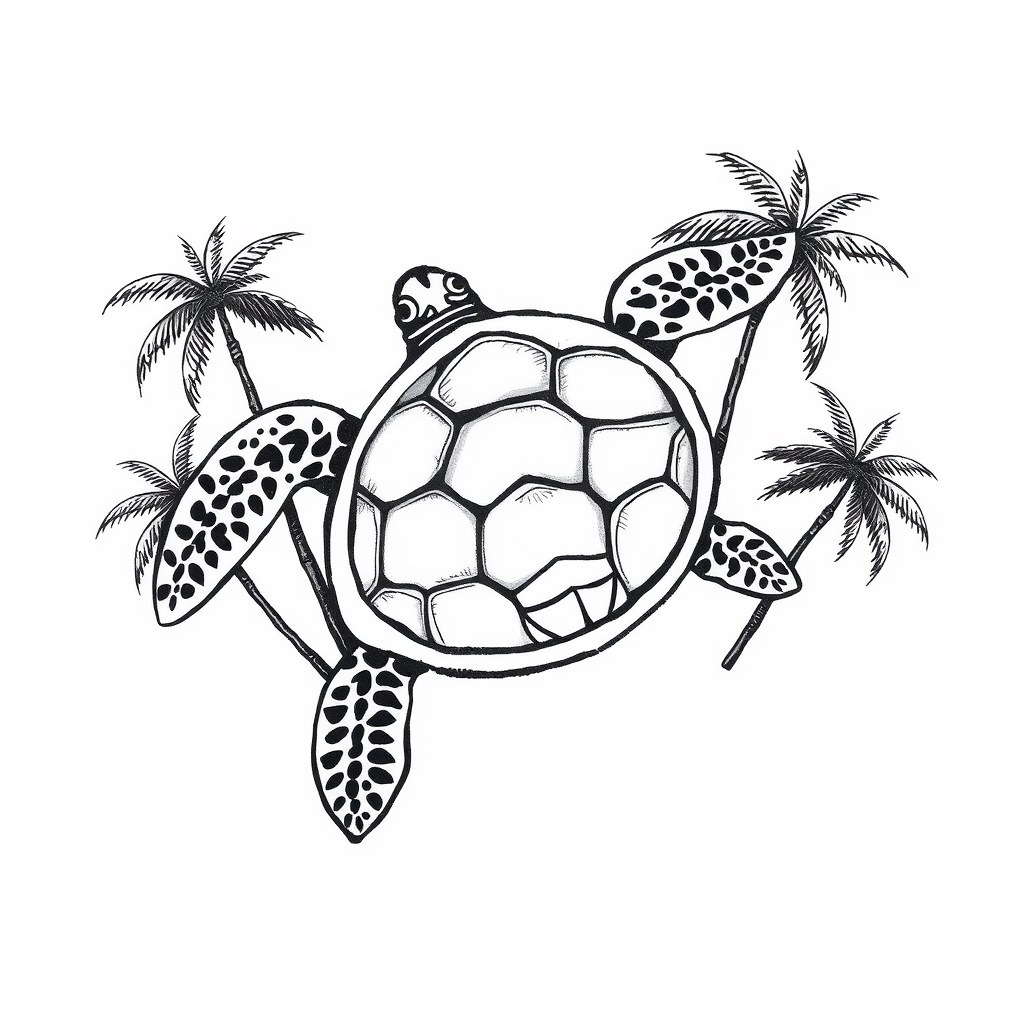 A tattoo design of tribal sea turtle , feminine, palm trees in the style of tribal. - ocean wildlife tattoo design generated by AI tattoo generator
