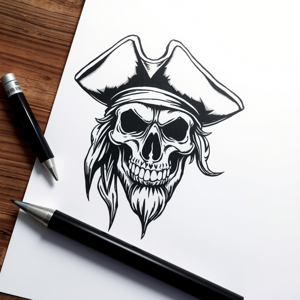 A tattoo design of b/w pirate face on white paper in the style of realistic. - pirate tattoo design generated by AI tattoo generator