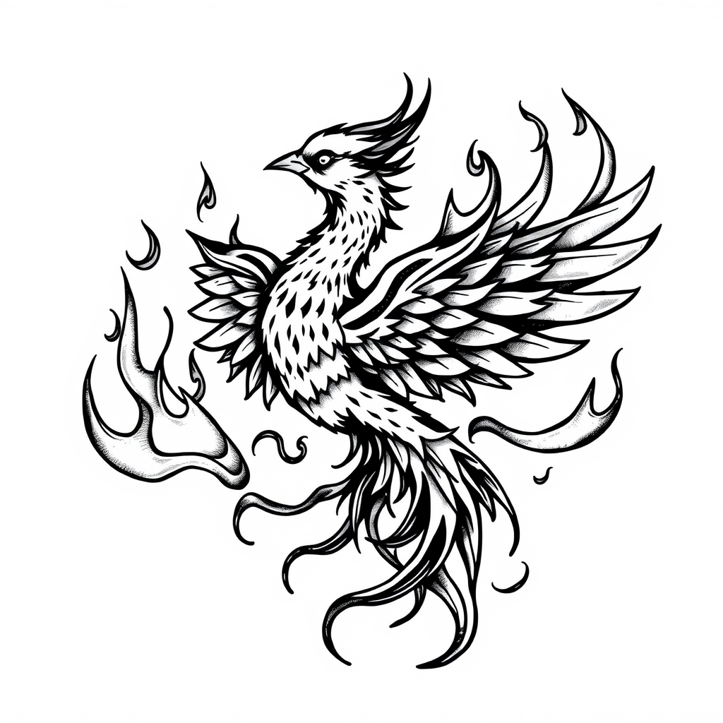 A tattoo design of pheonix, flames, whimsical in the style of blackwork. - mythical creature tattoo design generated by AI tattoo generator