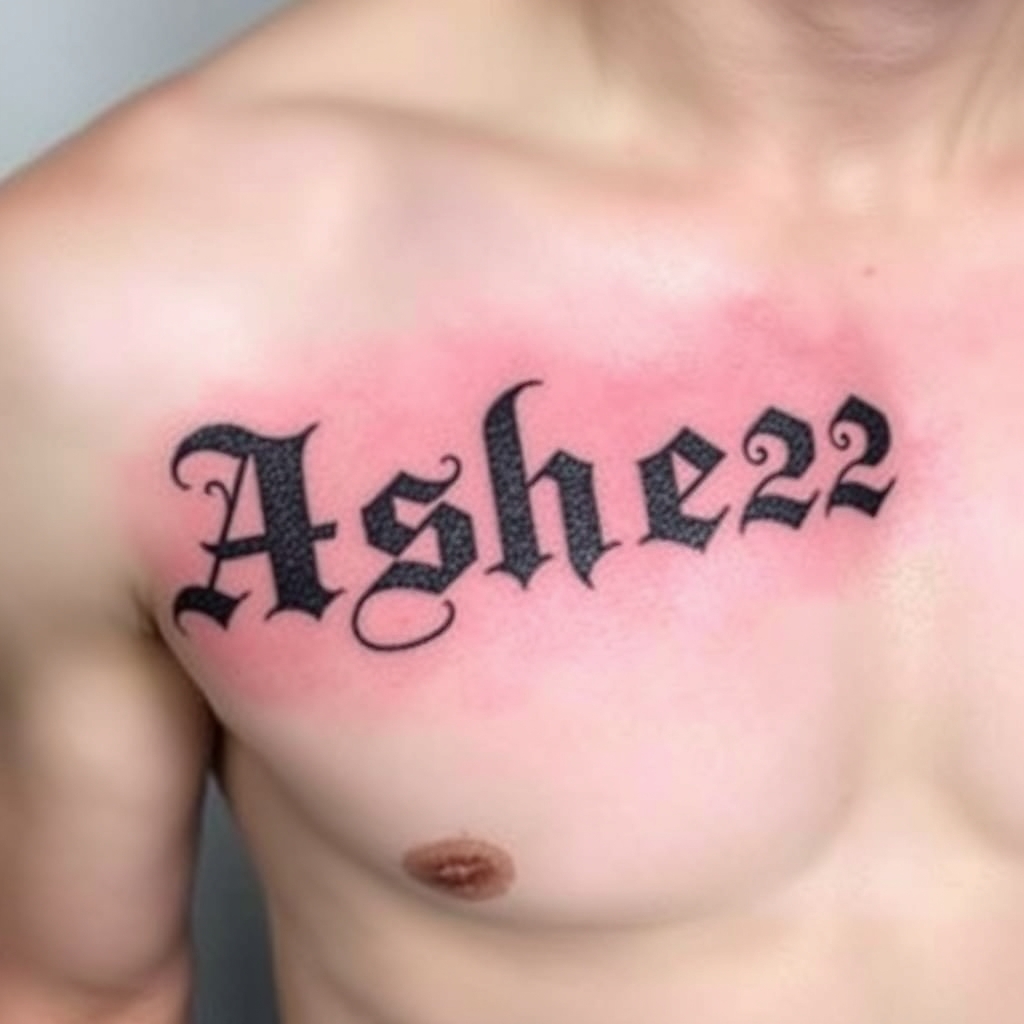 A tattoo design of Words "Ashes 222 Ashes" on left pectoralis in the style of traditional. - text quote tattoo design generated by AI tattoo generator