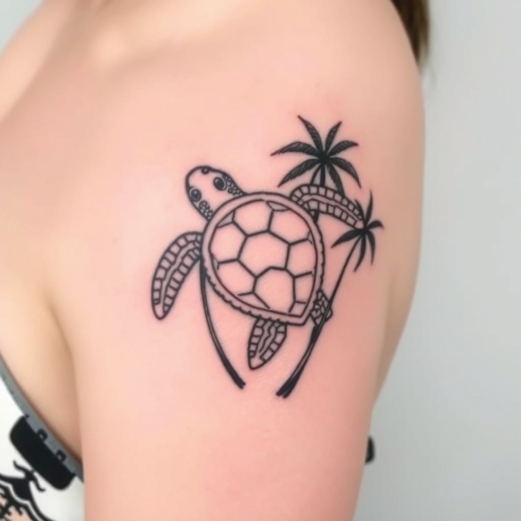 A tattoo design of sea turtle, palm trees, feminine in the style of minimalist. - tropical island tattoo design generated by AI tattoo generator