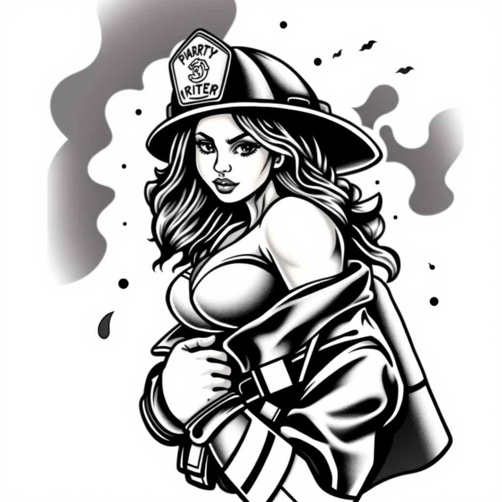 A tattoo design of Firefighter pinup  in the style of traditional. - occupation pinup tattoo design generated by AI tattoo generator