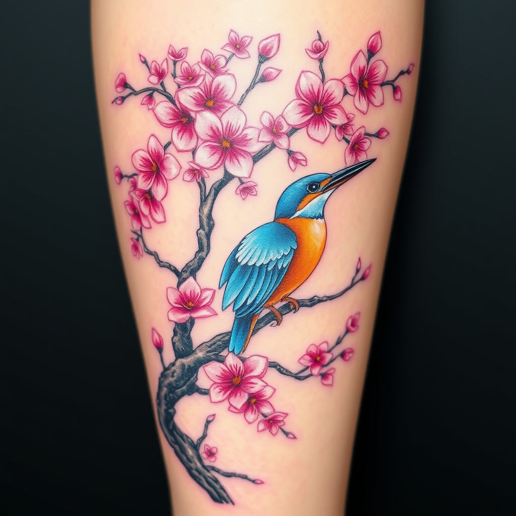 A tattoo design of Pink cherry blossom tree with flying blue and orange kingfisher in the style of japanese. - nature wildlife tattoo design generated by AI tattoo generator