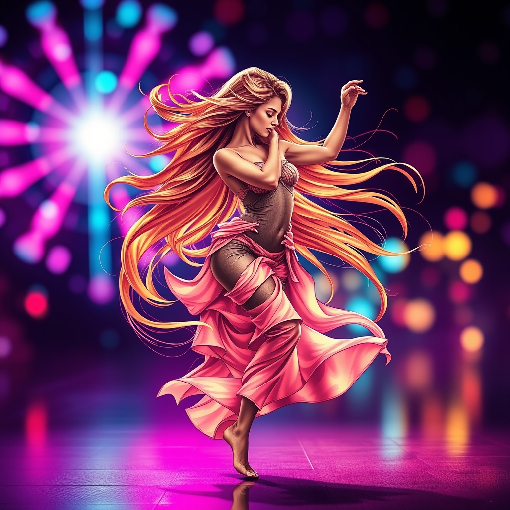 A tattoo design of A breathtakingly human woman dances mid-pose, her movement caught between motion and stillness. Her hair flows like liquid gold in slow gravity, while her form spirals with the grace of a Fibonacci shell. The background glows with radiant neon pinks and electric blues — a dreamy surreal night with shimmering bokeh. Her expression is pure reverie, as if music moves through her bones. The lighting casts soft shadows that carve her features in high-resolution detail, almost too perfect to be real. in the style of abstract. - woman portrait tattoo design generated by AI tattoo generator