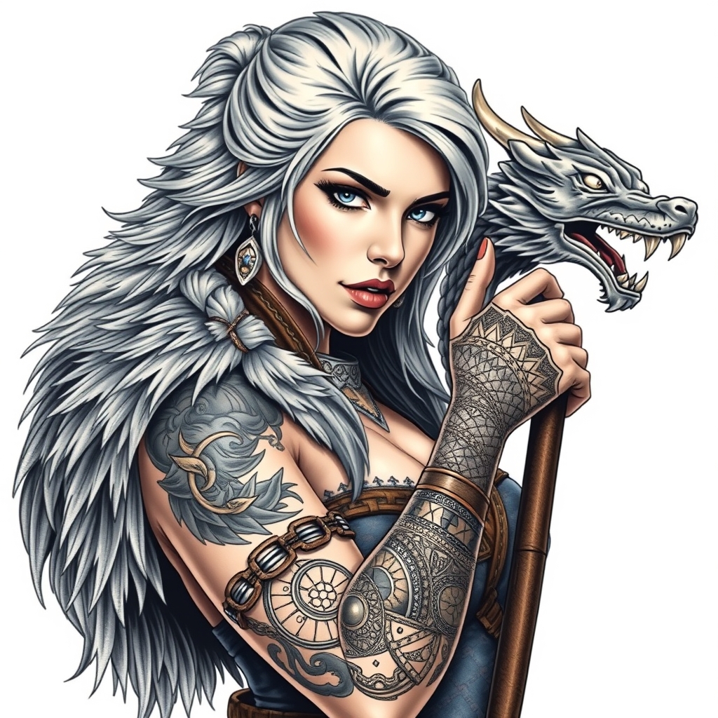 A tattoo design of Pin up fur covered northern warrior goddess with a dragon tattoo wrapped around her left arm and silver hair.  Full body style in the style of realistic. - mythological fantasy tattoo design generated by AI tattoo generator