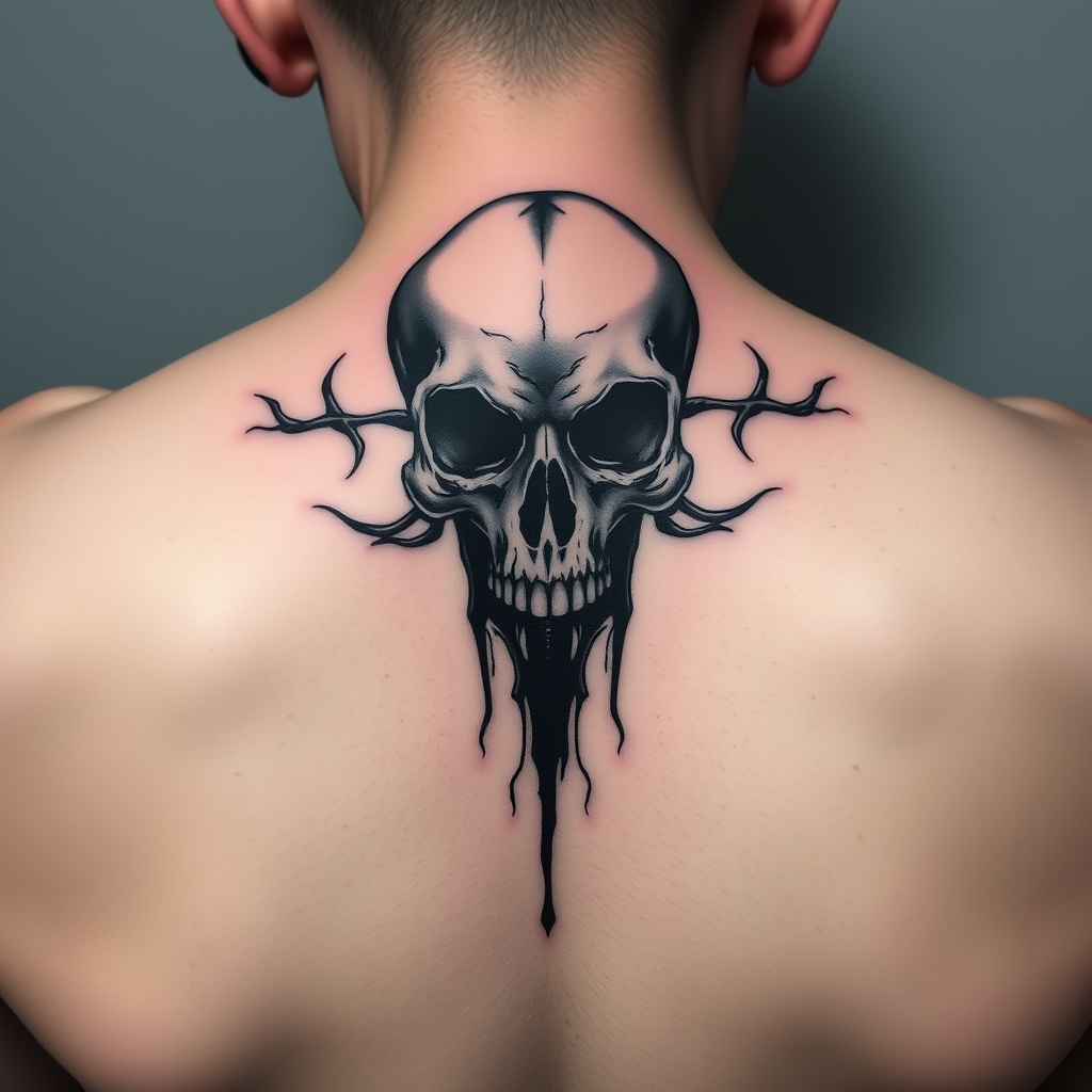 A tattoo design of Dark, ptsd, anxiety, menโs mental health, large between shoulder blades and small down spine, skull in the style of minimalist. - mental health awareness tattoo design generated by AI tattoo generator
