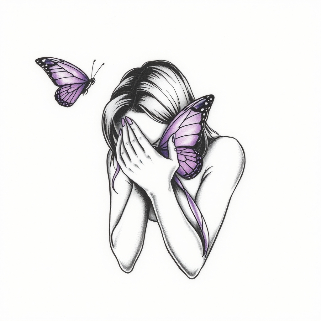 A tattoo design of Domestic violence ribbon awareness inclined together with a purple butterfly as a women hunched over her hands overing her face in the style of blackwork. - domestic violence awareness tattoo design generated by AI tattoo generator