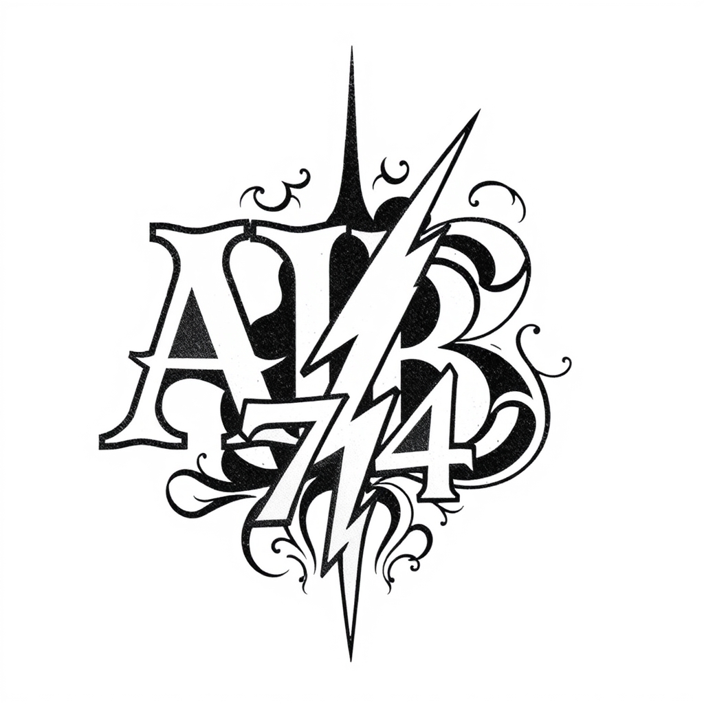 A tattoo design of Initials AB, year 74, lightning bolt in the style of tribal. - symbol tattoo design generated by AI tattoo generator