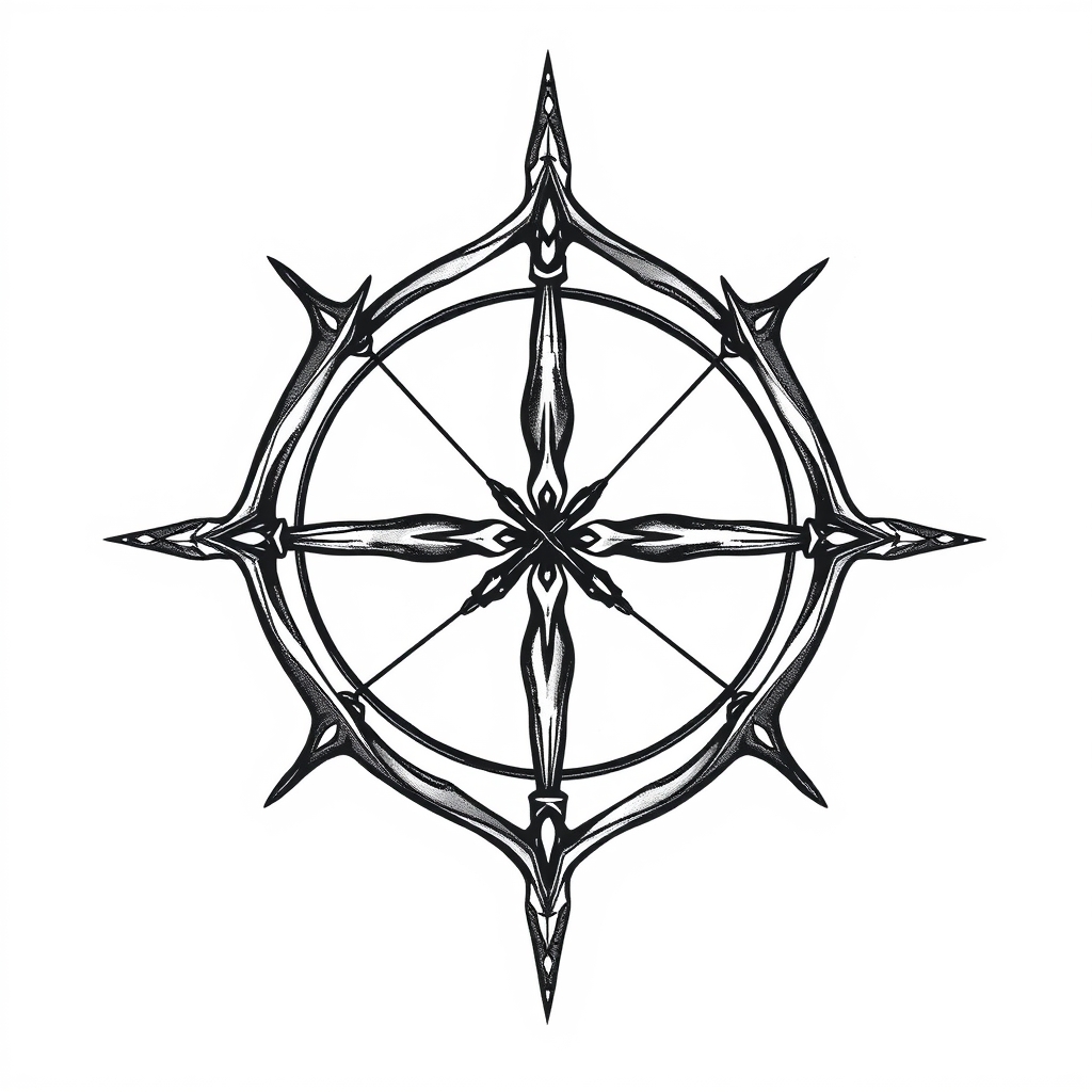 A tattoo design of three interlocking longbows spiraling from a center point similar to a triskelion in the style of traditional. - archery symbols tattoo design generated by AI tattoo generator