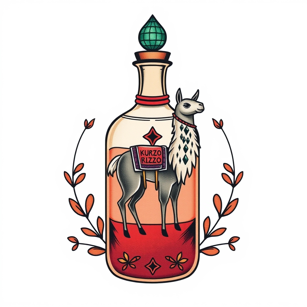 A tattoo design of kuzco poison bottle, with essence of llama in the style of minimalist. - movie character tattoo design generated by AI tattoo generator