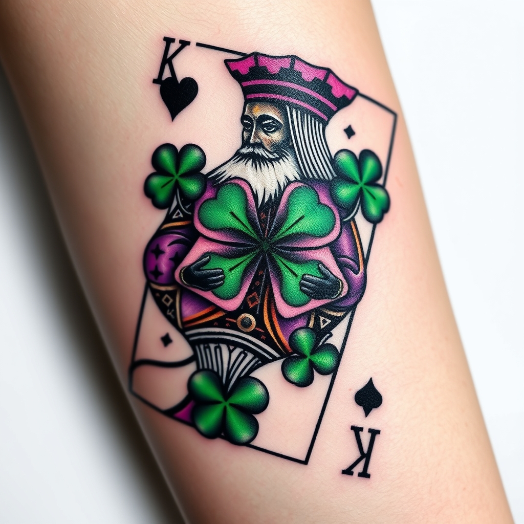 A tattoo design of I would like a 3 dimensional photo realistic playing card, an African American king of 4 leaf clovers, with black, green, and purple ink, maybe some white ink for highlighting. NO red ink. in the style of abstract. - playing cards tattoo design generated by AI tattoo generator