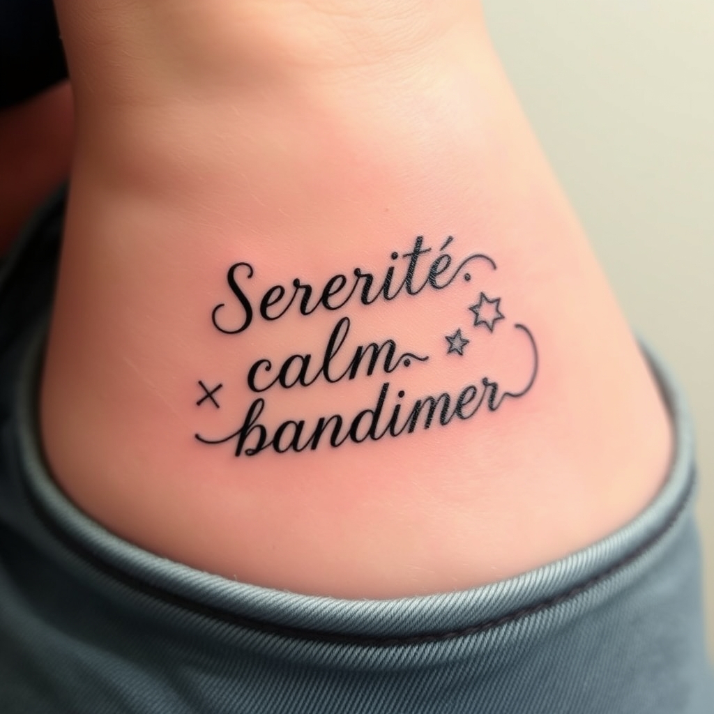 A tattoo design of Sérénité, calme et bonheur (ces trois mots dans un autre alphabet, sous la forme de phrase au poignet) avec éléments in the style of tribal. - phrase in a foreign script tattoo design generated by AI tattoo generator
