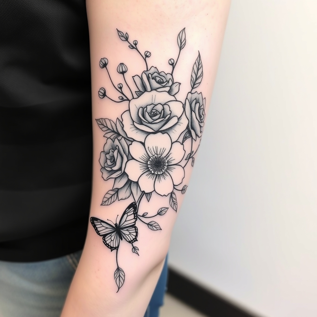 A tattoo design of A nice full half sleeve tattoo on the upper arm with flowers, rose's, butterfly's and minimalist vine leafs in black and white. A few different flowers and one butterfly on the elbow made with fine line in the style of surrealistic. - floral design tattoo design generated by AI tattoo generator