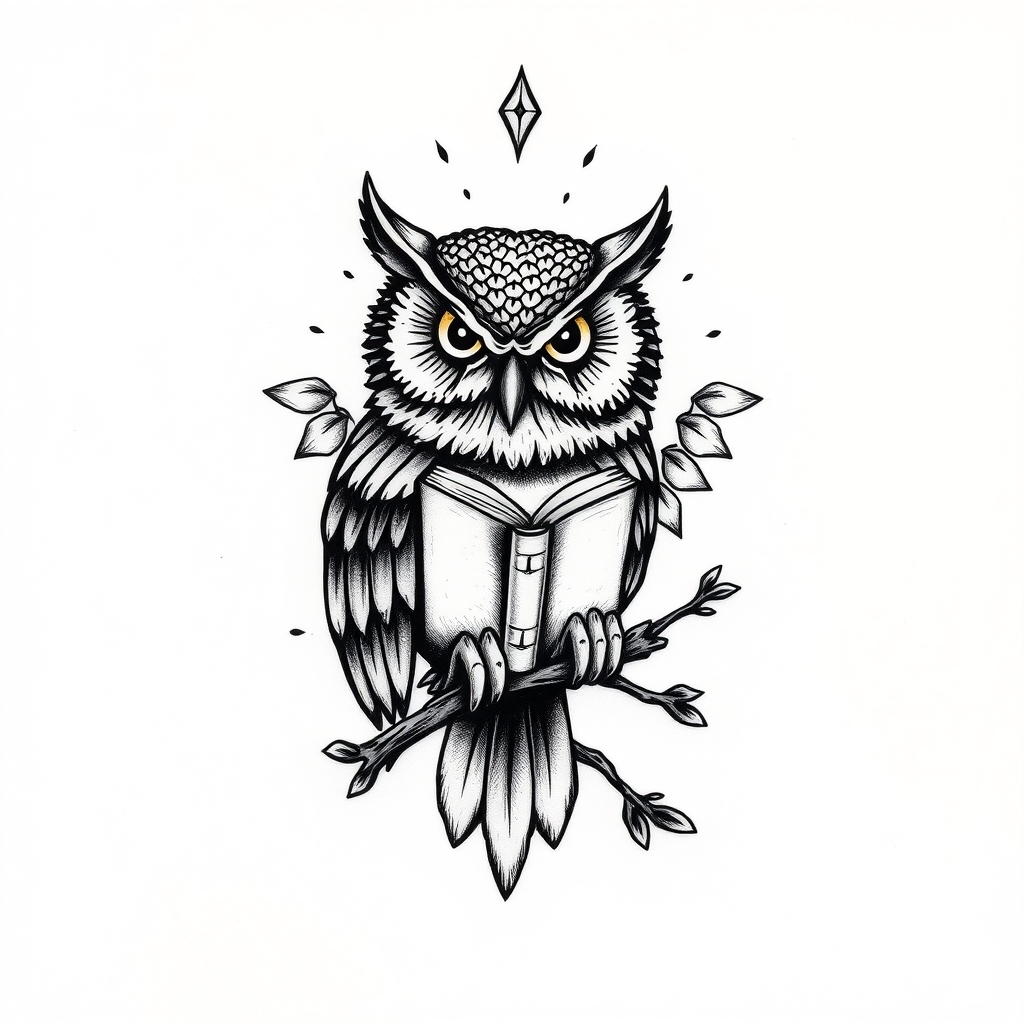 A tattoo design of Owl with booka in the style of blackwork. - animals tattoo design generated by AI tattoo generator