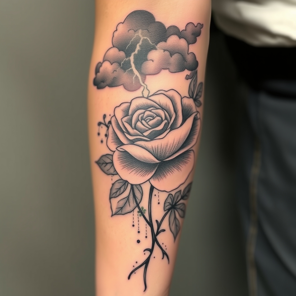 A tattoo design of Lightning & Clouds Layered shading: deep black for clouds, negative-space lightning glow Names & Vines	Script matching arm flow; thin line weight contrasted with bold outlines Rose & Poppy	Bold outlines with dotwork/shading in petals; fine-line detail for poppy Mist & Texture	Dotwork/stippling around florals and vines to suggest mist Composition	Full wrap around arm with tapering density toward elbow/wrist for balance.lots of shading behind pictures in the style of realistic. - natural elements tattoo design generated by AI tattoo generator