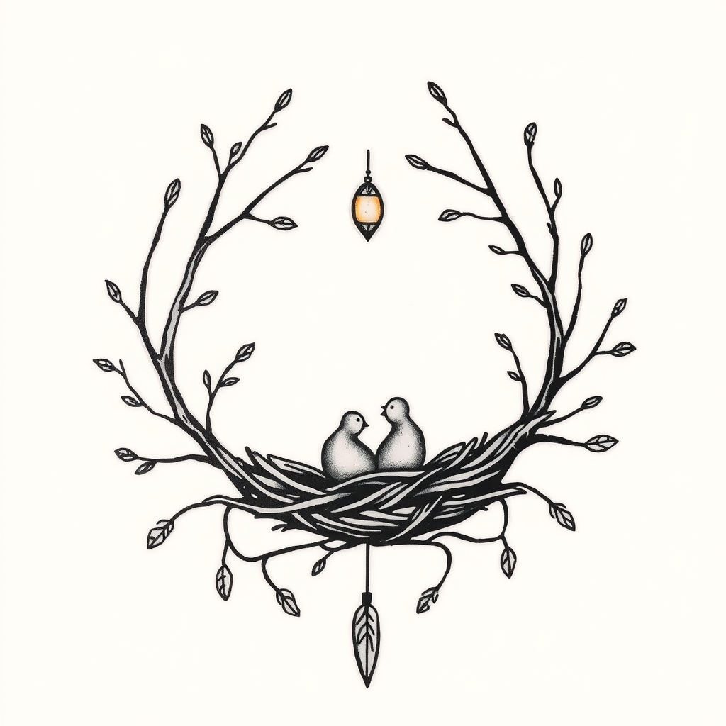 A tattoo design of Empty nest of a mom with deep connection to her 2 grown boys in the style of minimalist. - family symbol tattoo design generated by AI tattoo generator