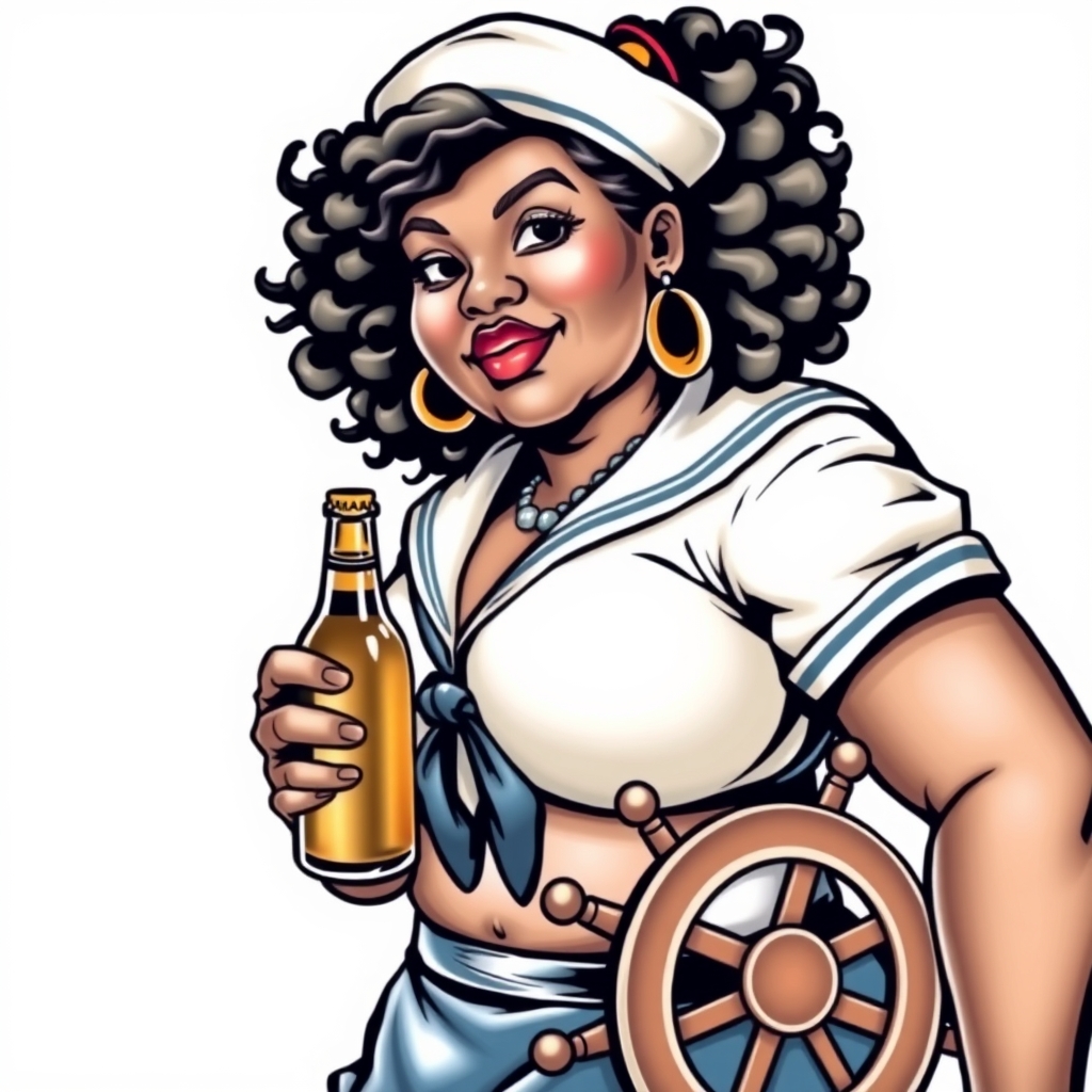 A tattoo design of A fat black woman in a sailor outfit with a beer bottle and ships wheel in the style of traditional. - sailor pin up tattoo design generated by AI tattoo generator