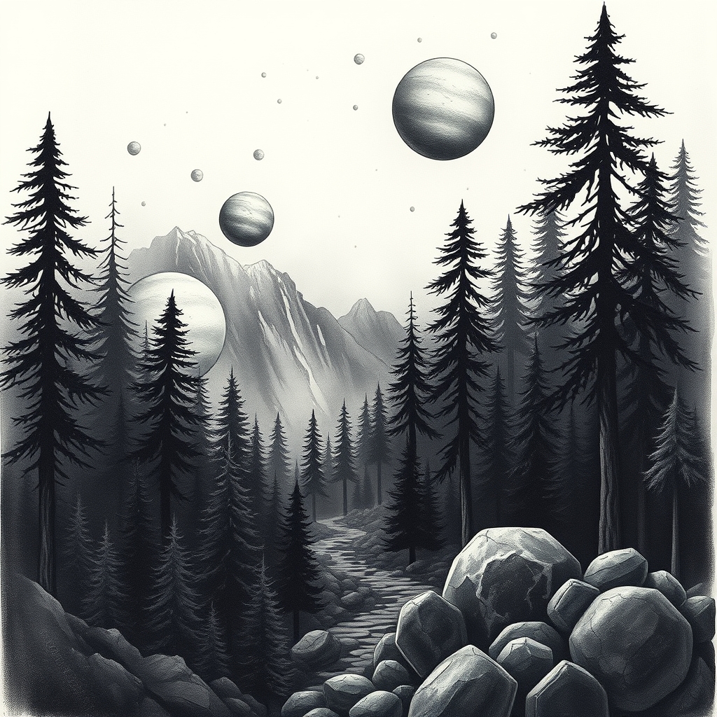 A tattoo design of Dark Forest and planets in the style of realistic. - space fantasy tattoo design generated by AI tattoo generator