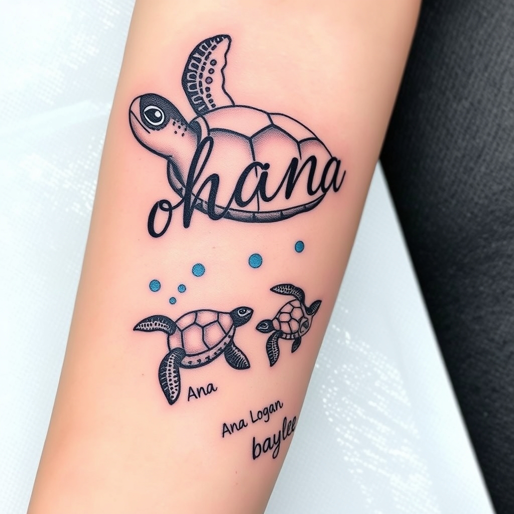 A tattoo design of A momma sea turtle swimming toward the word ohana with 3 baby sea turtles following behind in a stream of water with the names Ana Logan and baylee by the baby sea turtles. The baby sea turtles looking like Finding Nemo sea turtles tattoo for forearm in the style of traditional. - sea turtle family tattoo design generated by AI tattoo generator