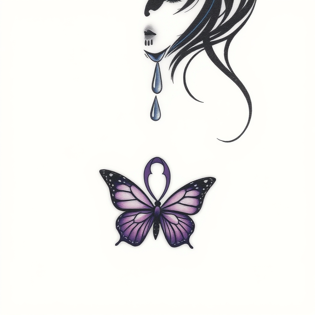A tattoo design of A tear running down a woman's face with a domestic violence ribbon and a purple butterfly entwined together in the style of minimalist. - domestic violence awareness tattoo design generated by AI tattoo generator