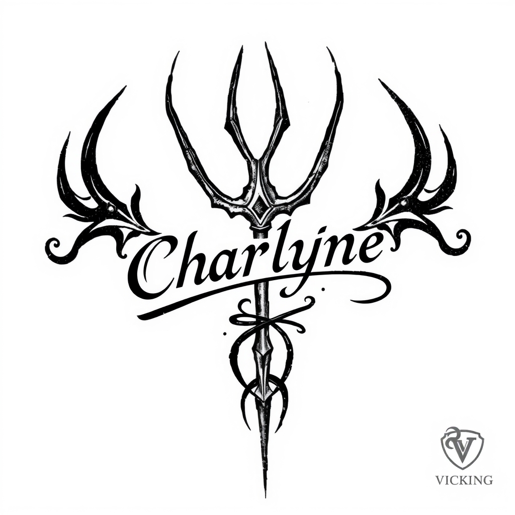A tattoo design of Guerrière Vicking avec des signes tribaux, le prénom Charlyne écrit en Vicking, armée d'un trident in the style of abstract. - viking warrior tattoo design generated by AI tattoo generator