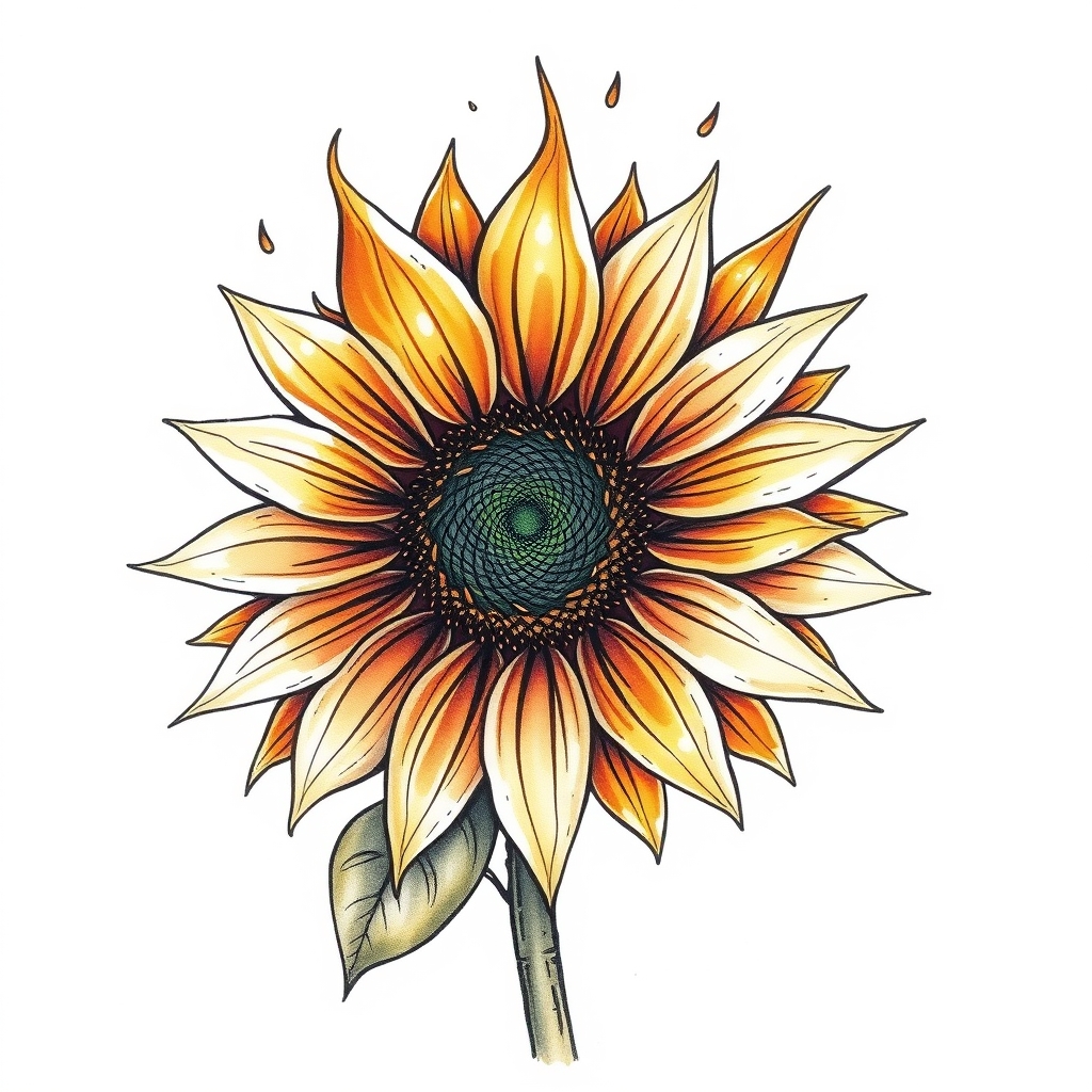 A tattoo design of Sunflower but with flames for petals in the style of watercolor. - flowers tattoo design generated by AI tattoo generator