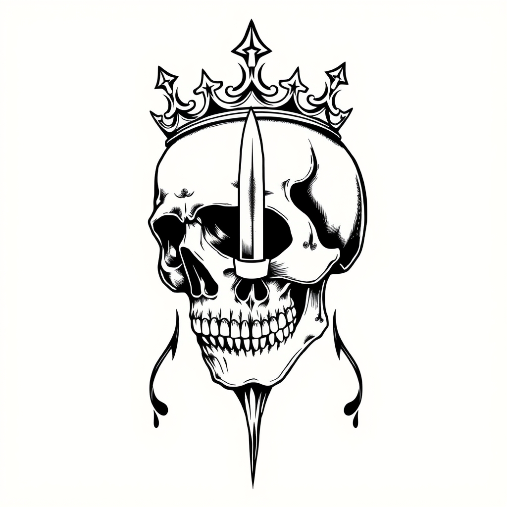 A tattoo design of Skull wearing a crown with a knife through it's eye in the style of blackwork. - skull art tattoo design generated by AI tattoo generator