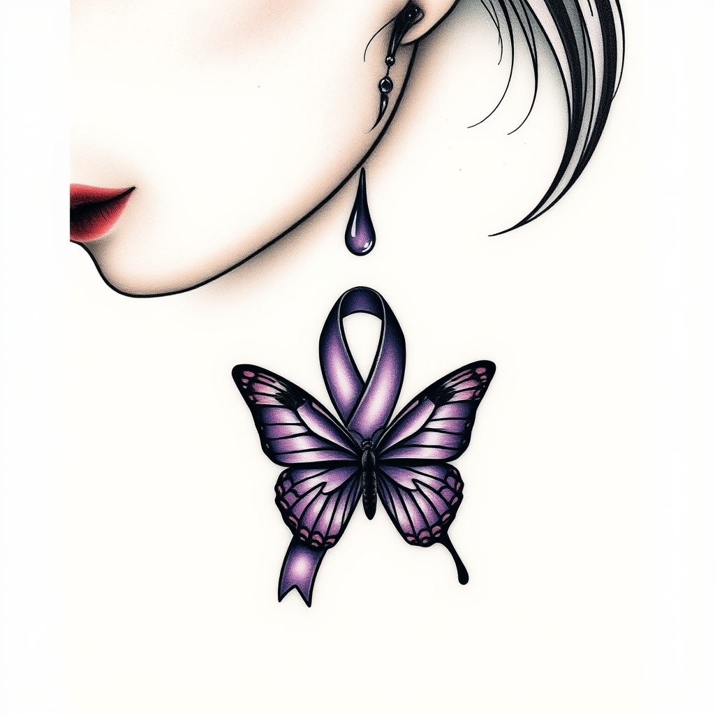 A tattoo design of A tear running down a woman's face with a domestic violence ribbon and a purple butterfly entwined together in the style of traditional. - domestic violence awareness tattoo design generated by AI tattoo generator