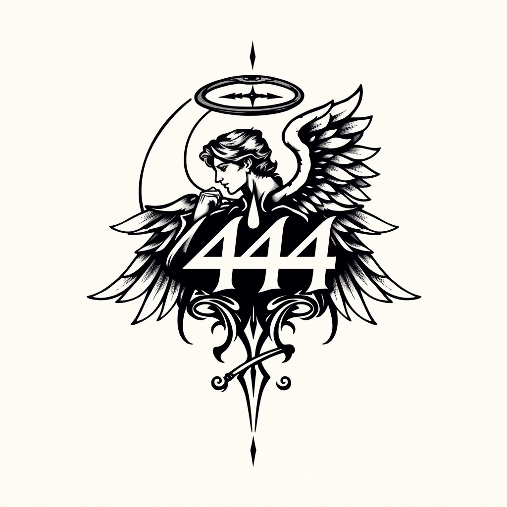 A tattoo design of Masculine angel with the number 444 in the style of minimalist. - angels tattoo design generated by AI tattoo generator