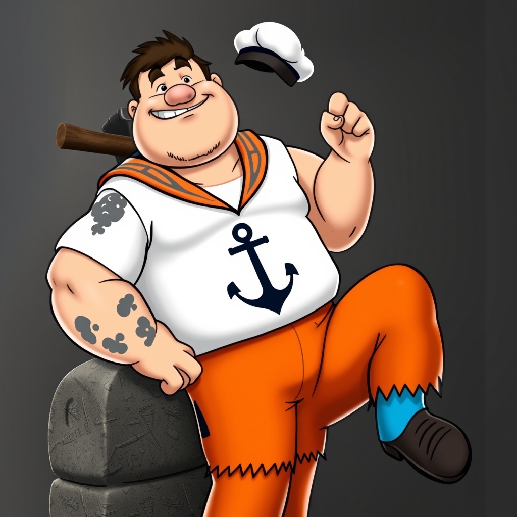 A tattoo design of Mashup Character & Pose Fred’s Iconic Build + Popeye’s Physique: Fred Flintstone’s round, amiable face—complete with his trademark stubble—is built on Popeye’s muscular frame, especially that legendary forearm power. Anchor Tattoo: Boldly inked on his forearm: Popeye’s classic anchor, seamlessly integrated into Fred’s rugged square-shouldered silhouette. Pose: Leaning casual and confident against Fred’s prehistoric club, angled slightly — suggesting a moment of rest after some mighty feats in Bedrock. Attire + Color Palette Popeye’s Sailor Outfit in Flintstone Hues: Shirt: Popeye’s white sailor shirt—reimagined in Fred’s signature orange-leopard pattern edged with Flintstone-style black jagged trim. Pants: Classic Popeye blue sailor trousers, but dyed in a rich Flintstone orange shade to match the shirt, trimmed black. Hat: Popeye's white cap, but the bill is stone-carved and slightly chipped for prehistoric flair. Props Club (Leaning On): A big, chunky stone club with vein-like cracks—clear Bedrock craftsmanship. Spinach Can (In Hand): A rock-hewn can labeled “Spinach” in a bold chiseled font, a vivid green leaf peeking out. --- 🖌️ Art Style Suggestions Neo‑Traditional / American Traditional Style: Clean, bold outlines (think thick black lines around character). A palette that’s bright but grounded: Flintstone orange, Popeye blue, leafy spinach green, stone-gray for props. Shading with stippling or classic Americana style for depth and texture. Color Balance: Orange-leopard pattern stays the dominant visual theme, grounding the design firmly in Fred's aesthetic—even as the sailor elements pop against it. in the style of traditional. - cartoon characters tattoo design generated by AI tattoo generator