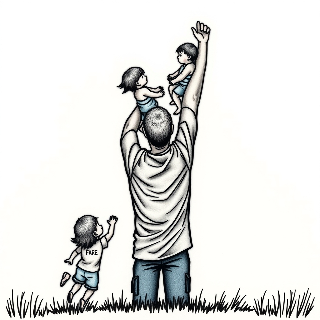A tattoo design of A father lifting his 3 kids showing their birthdays in the style of geometric. - family portrait tattoo design generated by AI tattoo generator