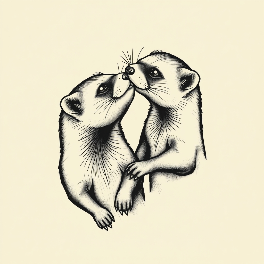 A tattoo design of Two ferrets trsting their heads on one another in the style of surrealistic. - animals tattoo design generated by AI tattoo generator